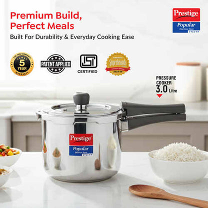 Prestige Svachh Popular Stainless Steel Pressure Cooker | 3 Litre | Spillage Control |