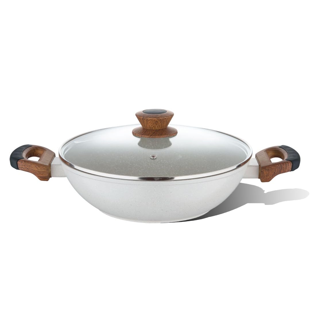 Bergner Naturally Forged Aluminum Kadai with Glass Lid | 28 cm | 3.3 Liters | Non-Stick |