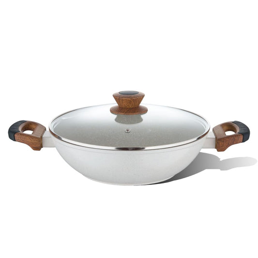 Bergner Naturally Forged Aluminum Kadai with Glass Lid | 28 cm | 3.3 Liters | Non-Stick |
