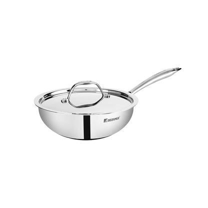 Bergner Argent Triply Stainless Steel Wok with Stainless Steel Lid | 22 cm | 2.2 L Kadai with Long Handle |