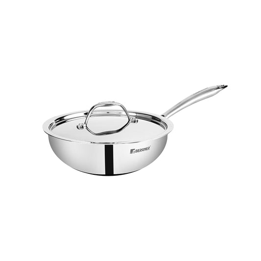 Bergner Argent Triply Stainless Steel Wok with Stainless Steel Lid | 22 cm | 2.2 L Kadai with Long Handle |