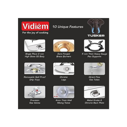 Vidiem TUSKER GAS STOVE | SS | 2 BURNER + Vidiem Energies Pressure Cooker Worth Rs.990 FREE