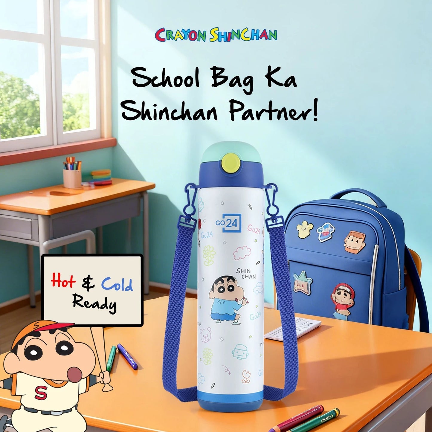 Pexpo Go-24 Water Bottle | Shinchan Edition | Hot & Cold flask | 470 ml |
