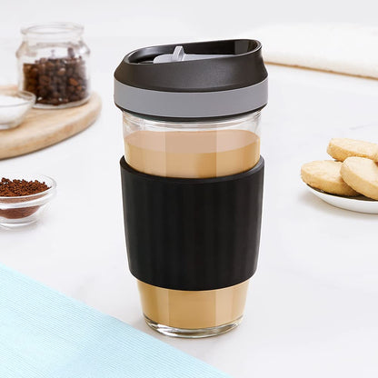 Borosil Glass Travel Mug with Silicone Sleeve | 450 ml | Black |