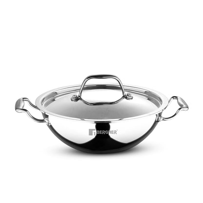 Bergner Argent Kadai with Stainless Steel Lid | 22 cm | 2 L | Even and Faster Heating |