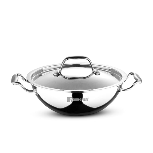 Bergner Argent Kadai with Stainless Steel Lid | 22 cm | 2 L | Even and Faster Heating |