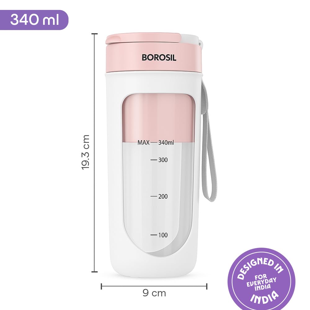 Borosil Portable Blender | 340ml | Unbreakable PC Jar | USB Rechargeable |