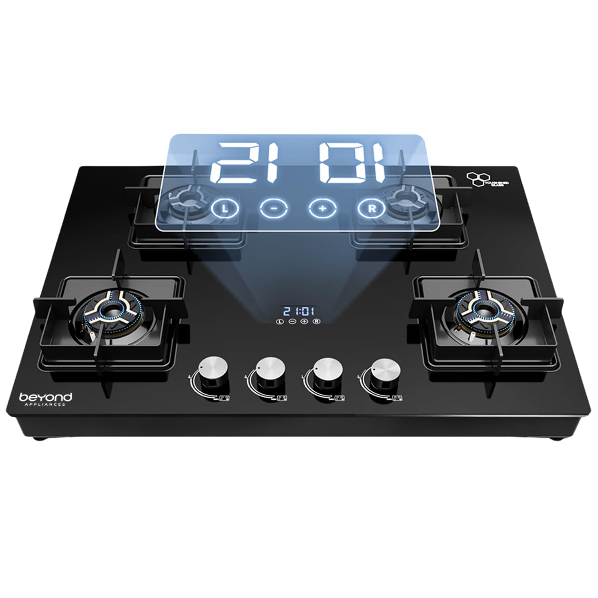 Beyond Appliances Solaria 4 Burner Smart Gas Stove | Auto Ignition| Digital Timer & Flame Failure Device | Full Brass Burners | Toughened Glass | ISI Certified |