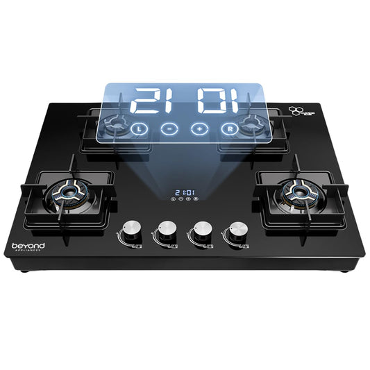Beyond Appliances Solaria 4 Burner Smart Gas Stove | Auto Ignition| Digital Timer & Flame Failure Device | Full Brass Burners | Toughened Glass | ISI Certified |