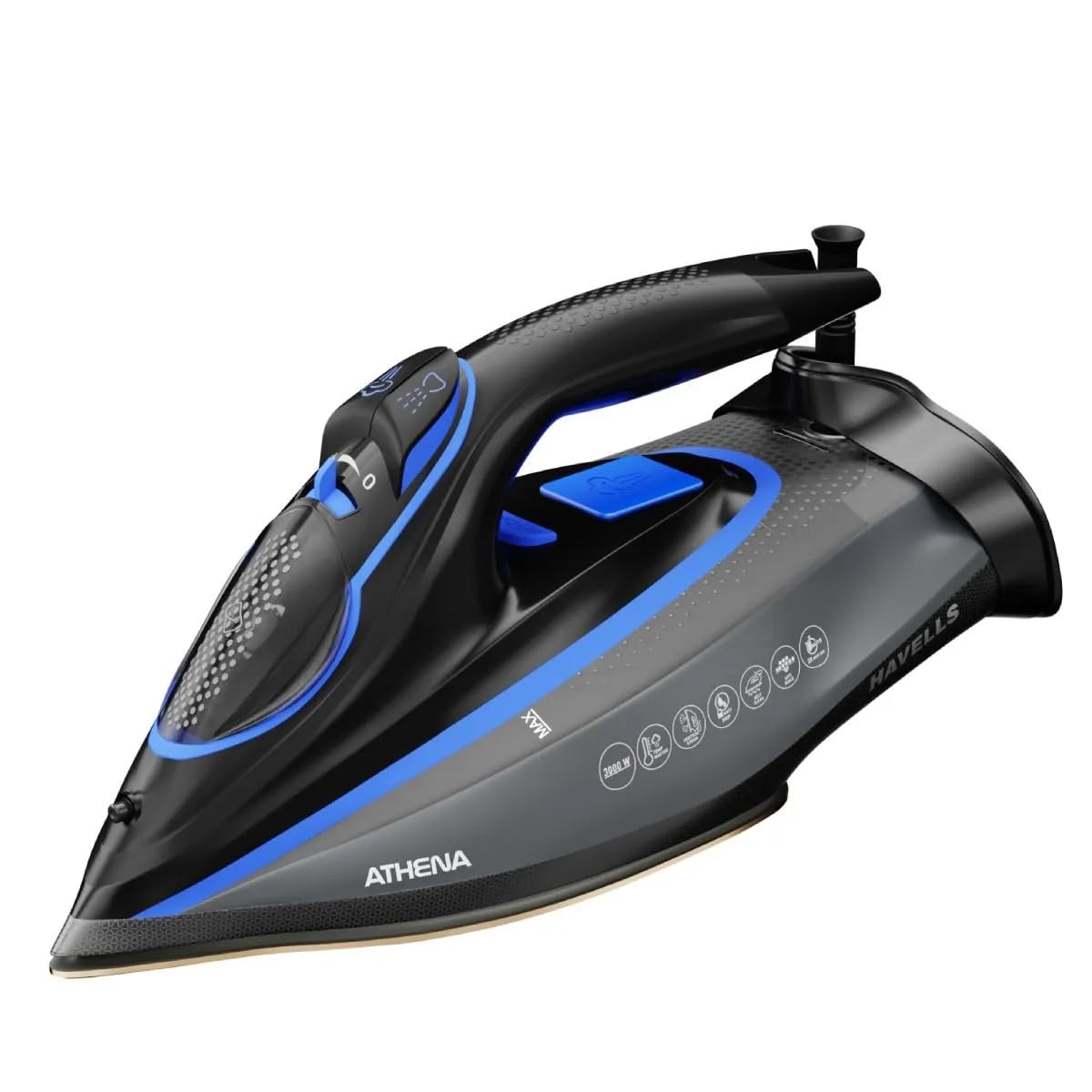 Havells Athena Steam Iron | Vertical & Horizontal Ironing | 3000 Watts | I-Sense Technology | Black & Blue |