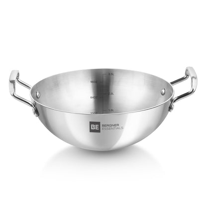 Bergner Essential Triply Stainless Steel Kadai | 5 Year Warranty | Consumes Less Oil | Easy to Clean |
