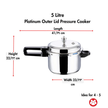 Vinod Platinum Triply Stainless Steel Pressure Cooker | 5 Litre |  Outer Lid | Medium Sized Families |