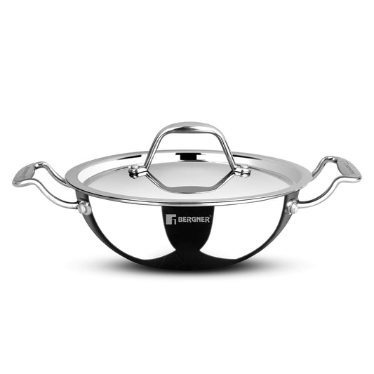 Bergner Argent Junior Triply Kadai with Stainless Steel Lid | 18cm | 1.5 Litre | Faster & Even Heat |