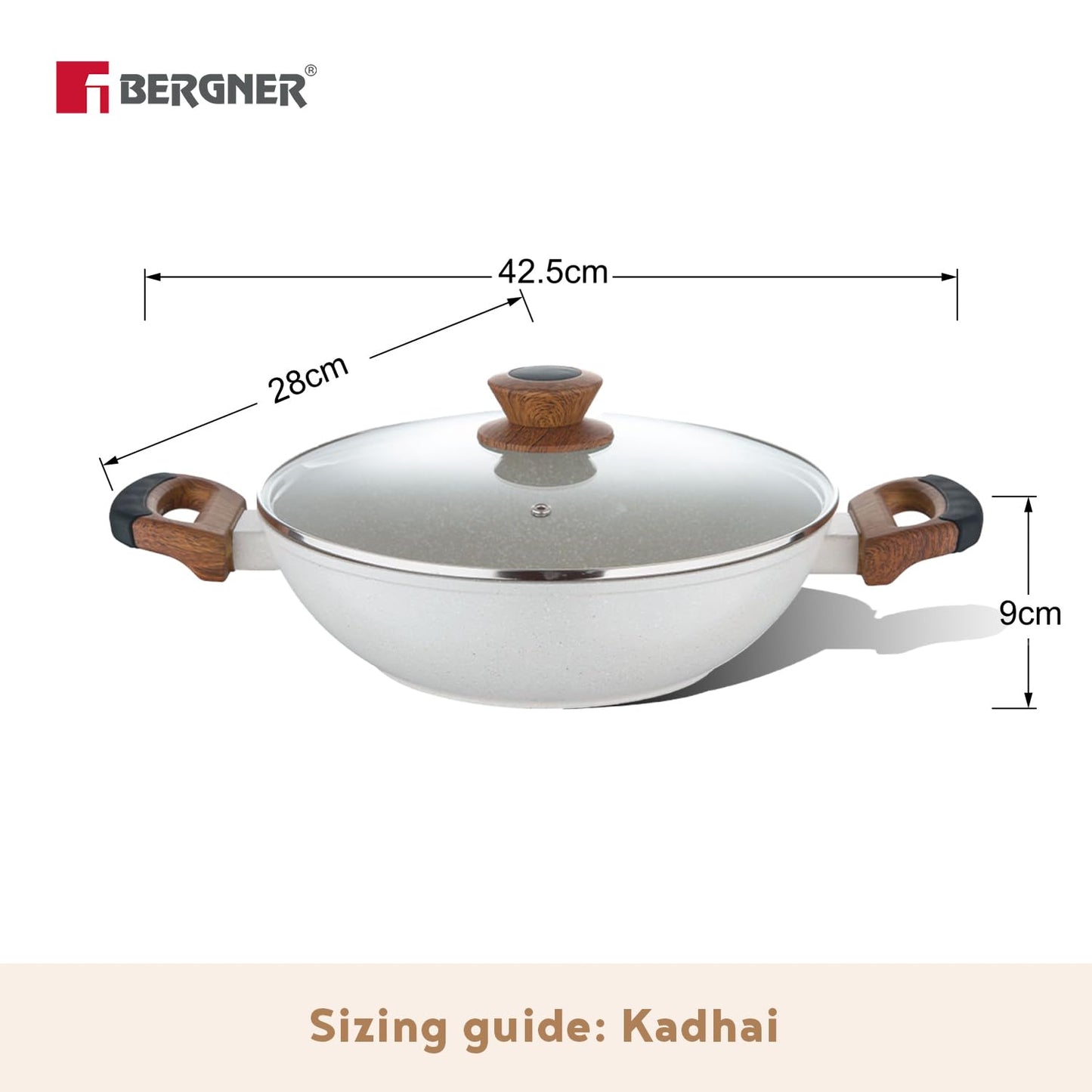 Bergner Naturally Forged Aluminum Kadai with Glass Lid | 28 cm | 3.3 Liters | Non-Stick |