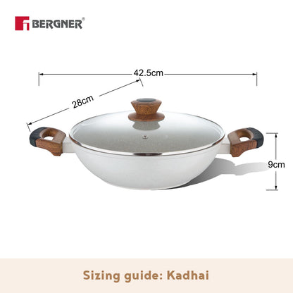 Bergner Naturally Forged Aluminum Kadai with Glass Lid | 28 cm | 3.3 Liters | Non-Stick |