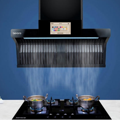 Beyond Appliances Orion Chimney with Smart Screen & Speaker 90 cm 1400 m3/hr Filterless Auto Clean (Black)
