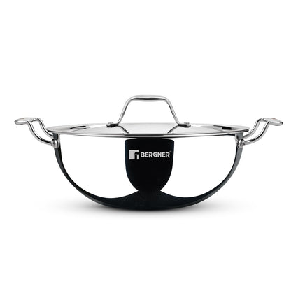Bergner Argent Triply Deep Kadai with Stainless Steel Lid | Even Heat Distribution |
