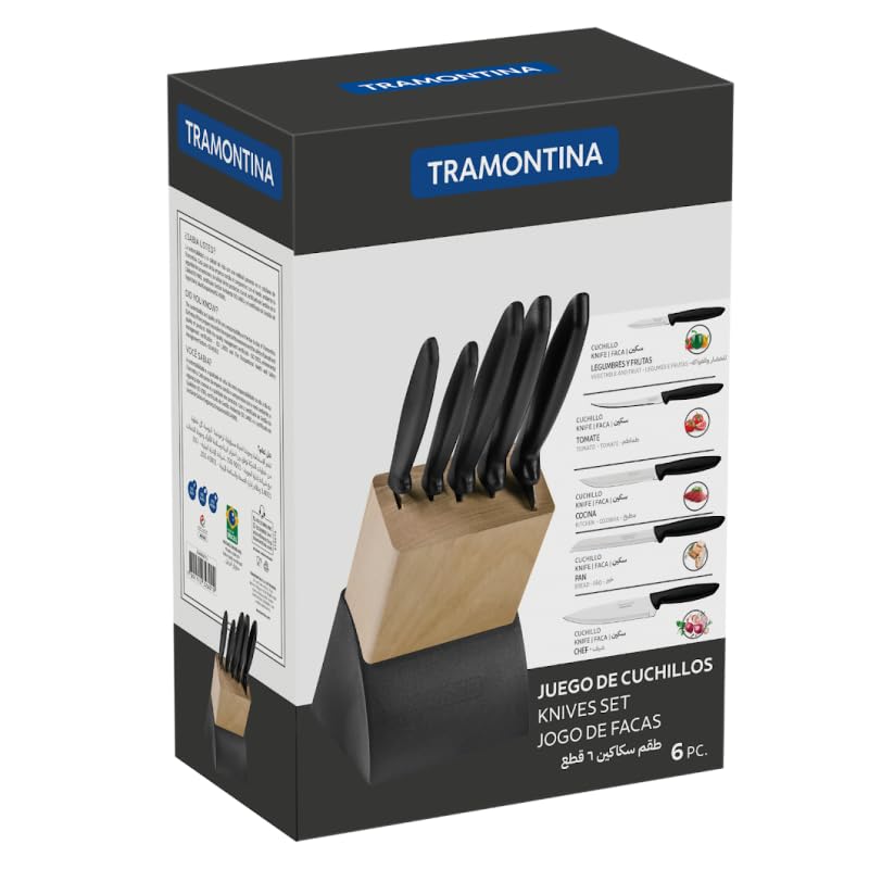 Tramontina Plenus 6-Piece Stainless Steel Knife Set with Wooden Holder | Dishwasher Safe | Kitchen Knife Set with Ergonomic Handles |