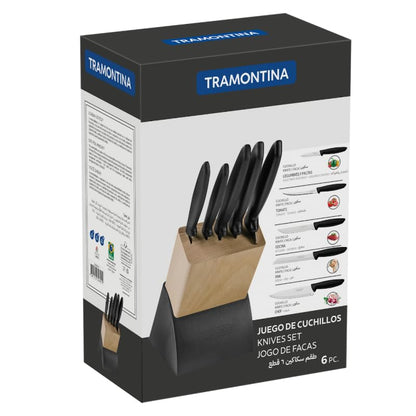 Tramontina Plenus 6-Piece Stainless Steel Knife Set with Wooden Holder | Dishwasher Safe | Kitchen Knife Set with Ergonomic Handles |