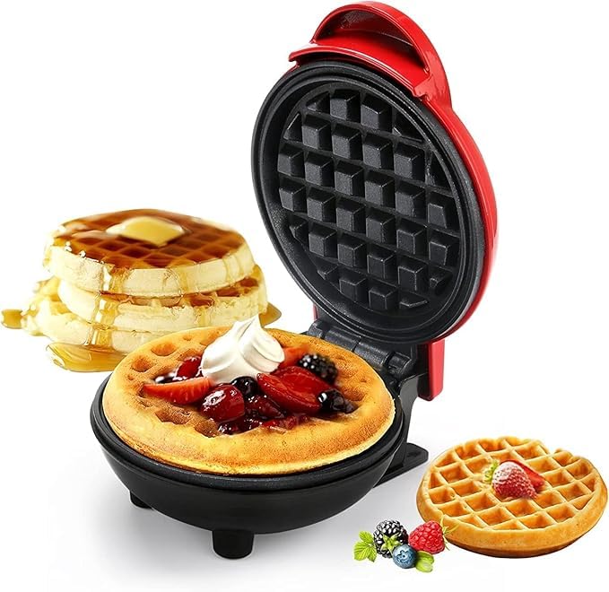 Mini Waffle Maker | Non-Stick | Double Sided Heating Plates | Red |