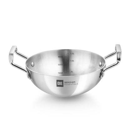 Bergner Essential Triply Stainless Steel Kadai | 5 Year Warranty | Consumes Less Oil | Easy to Clean |