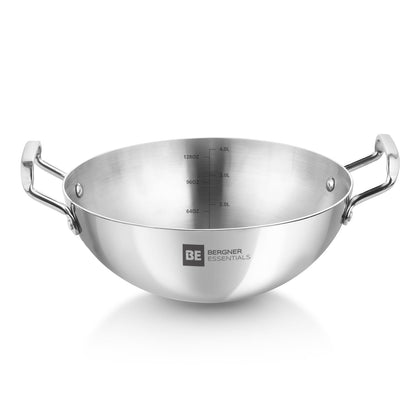 Bergner Essential Triply Stainless Steel Kadai | 5 Year Warranty | Consumes Less Oil | Easy to Clean |