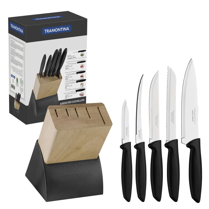 Tramontina Plenus 6-Piece Stainless Steel Knife Set with Wooden Holder | Dishwasher Safe | Kitchen Knife Set with Ergonomic Handles |