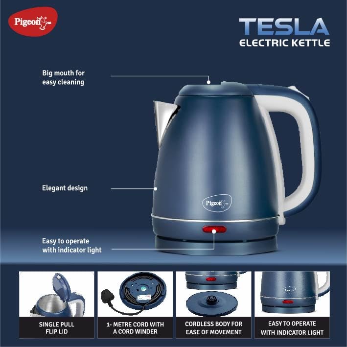 Pigeon Tesla Electric Stainless Steel Kettle | 1.5 Litre | Matte Blue | 1300 W | Auto Shut Off |
