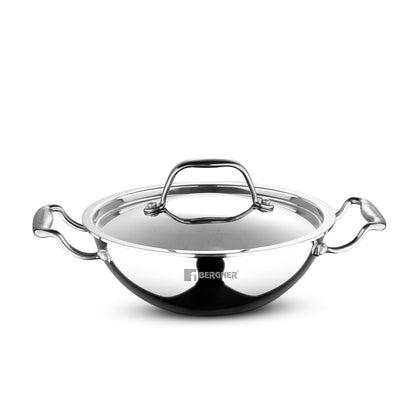 Bergner argent Triply Kadai with Stainless Steel Lid | Food Safe | Less Oil Use | Healthy Cooking |