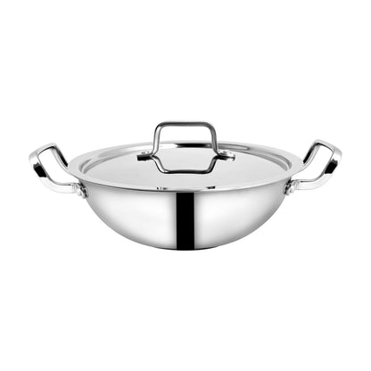 Embassy Trisara Stainless Steel Triply Kadai with Lid | Induction Friendly | Heavy Bottom |