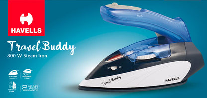 Havells Travel Buddy  | 800W Steam Iron | Blue, Grey | Foldable Handle  |
