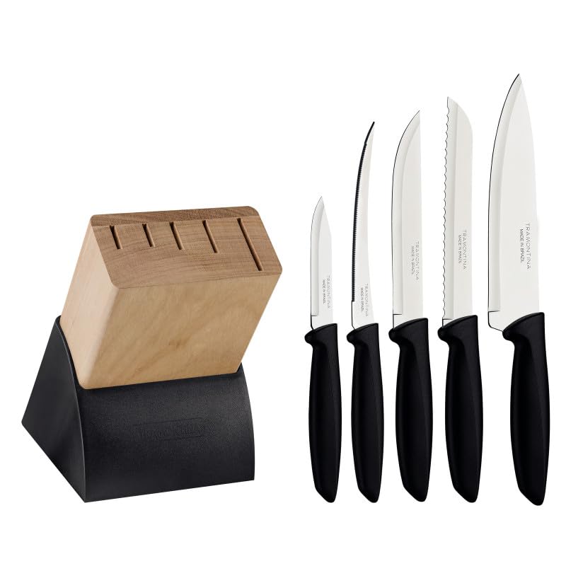 Tramontina Plenus 6-Piece Stainless Steel Knife Set with Wooden Holder | Dishwasher Safe | Kitchen Knife Set with Ergonomic Handles |