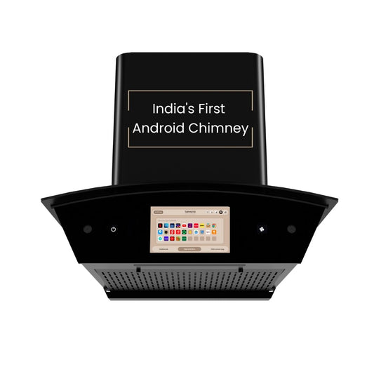 Beyond Appliances Asteria Auto Clean Kitchen Chimney | Filterless | Smart Screen & Speakers | Touch Control | Black |
