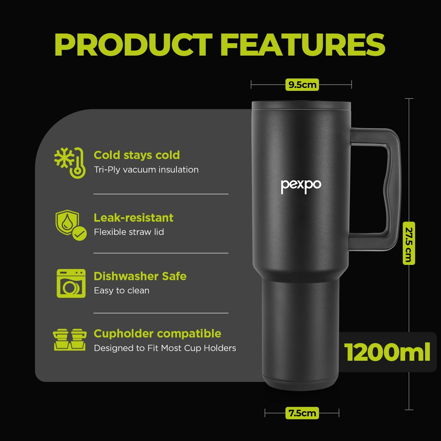 Pexpo Stainless Steel Tumbler with Handle | Stanzy Black | 1200ml |