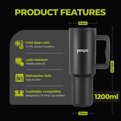 Pexpo Stainless Steel Tumbler with Handle | Stanzy Black | 1200ml |