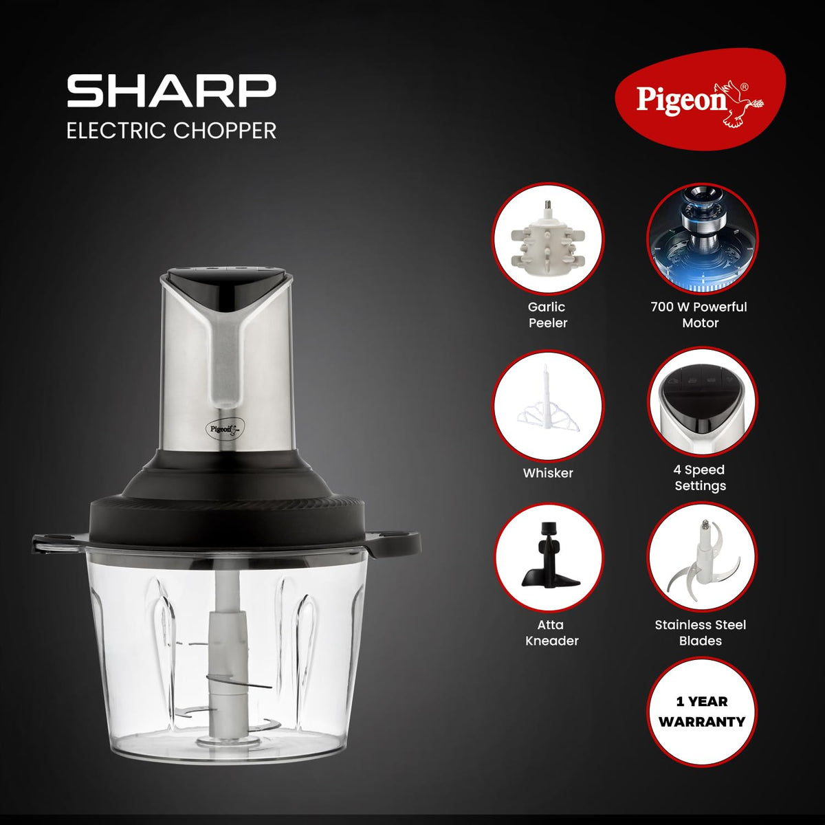 Pigeon Sharp Electric Chopper | 4 Stainless Steel Blades | Portable | Effortless Chopping Fruits & Vegetables ||