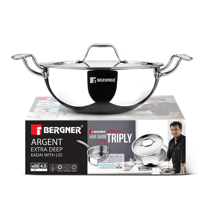 Bergner Argent Triply Deep Kadai with Stainless Steel Lid | Even Heat Distribution |