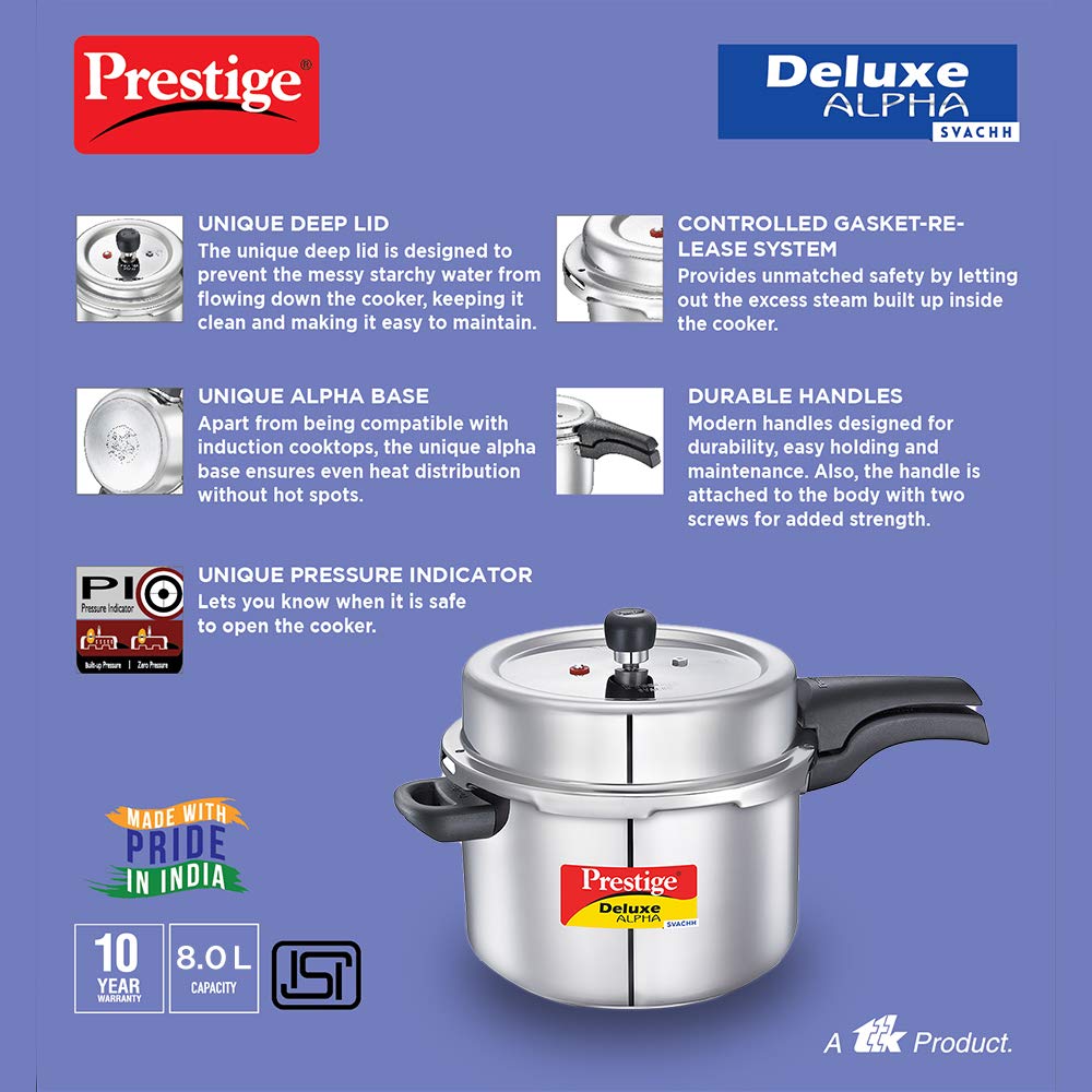 Prestige Deluxe Alpha Stainless Steel Pressure Cooker | 8 Litre | 10 Years Warranty | Large |