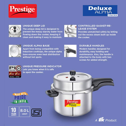 Prestige Deluxe Alpha Stainless Steel Pressure Cooker | 8 Litre | 10 Years Warranty | Large |