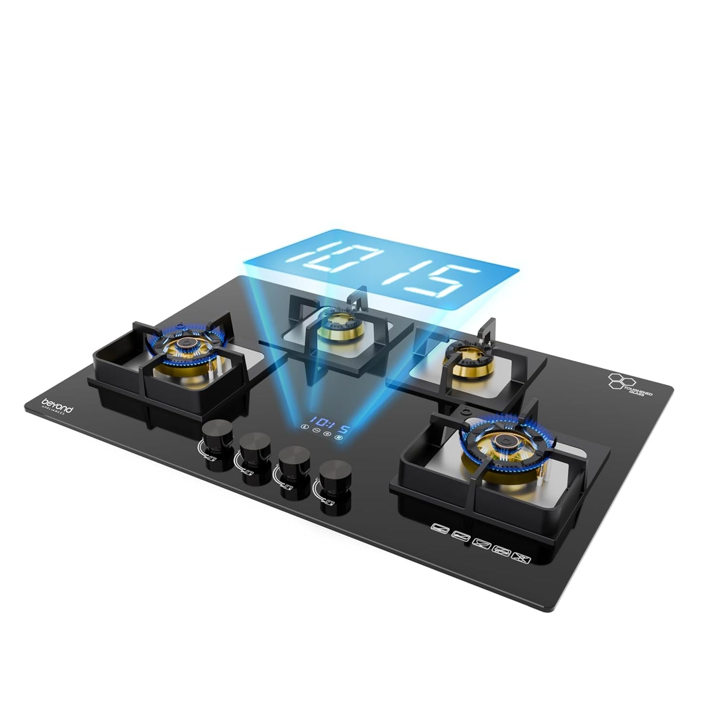 Beyond Appliances Dorado 4 Burner Smart Glass Hobtop Gas Stove | Auto Ignition | Digital Timer |