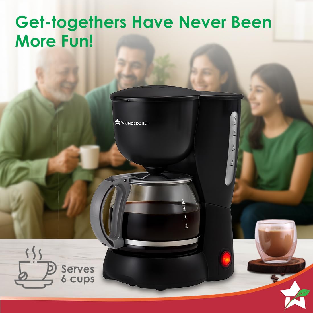 Wonderchef Veneto Brew Coffee Machine | 550W | 600ml | Brew 6 Cups a time | Black |