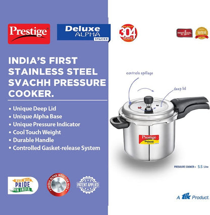 Prestige Deluxe Alpha Pressure Cooker | 5.5 Litre | 10 Years Warranty | ISI Certified |