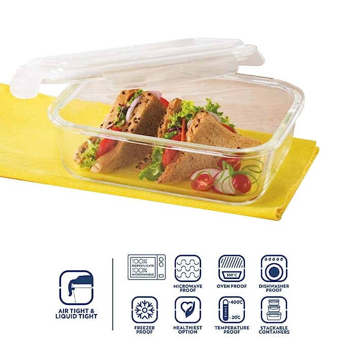 Borosil Klip N Store Rectangular Glass Storage Container for Kitchen 