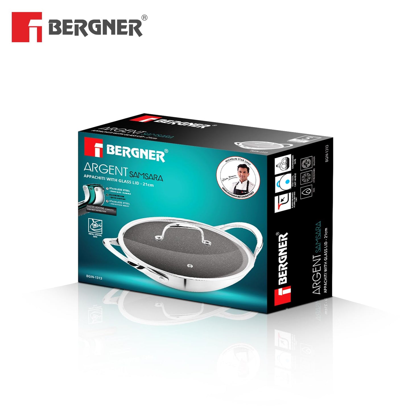 Bergner Argent Samsara Triply Non-Stick Appachetty with Glass Lid | 21 cm | Healthy Cooking |
