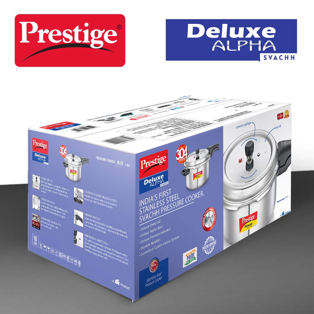 Prestige Deluxe Alpha Stainless Steel Pressure Cooker | 8 Litre | 10 Years Warranty | Large |