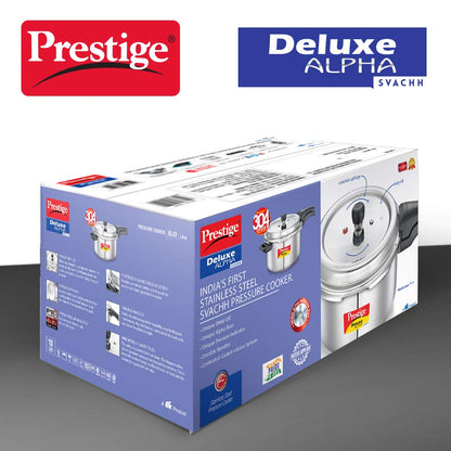 Prestige Deluxe Alpha Stainless Steel Pressure Cooker | 8 Litre | 10 Years Warranty | Large |