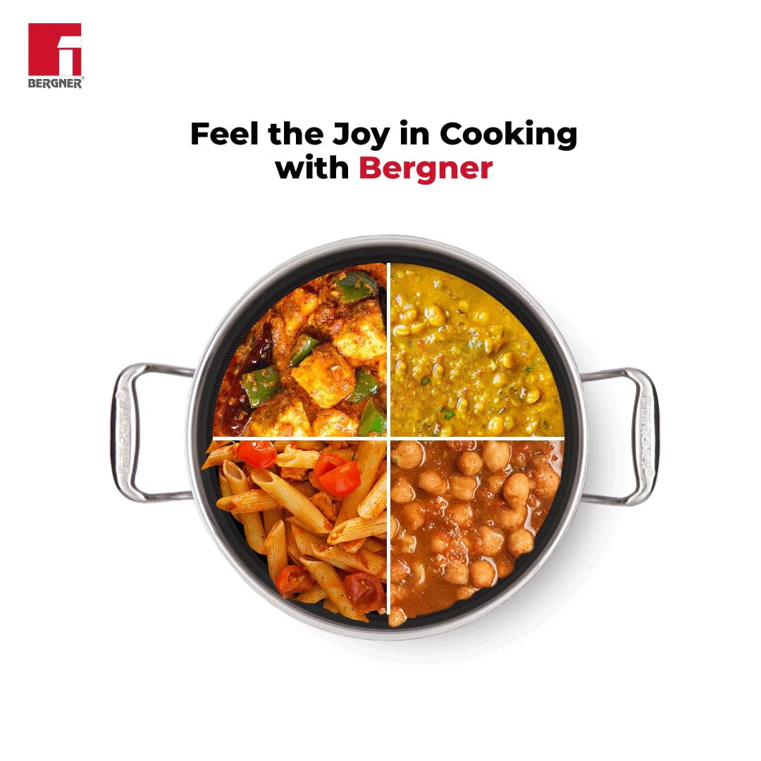 Bergner Hi-Tech TriPly Stainless Steel Kadai with Glass Lid | 20cm | 1.5 L | Non-Stick Coating |