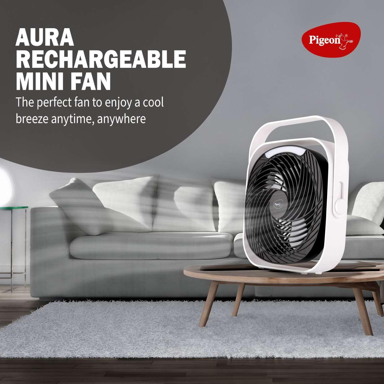 Pigeon Aura Portable Mini Fan | Rechargeable Battery | USB Charging | 360° Rotation |