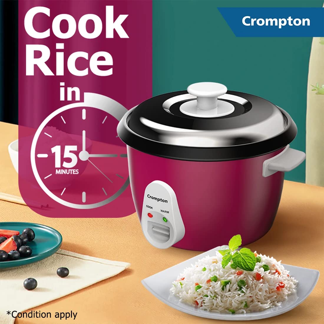 Crompton Harvest Pro Food Grade Non-stick Rice Cooker | 1.8L | - Infinia Home and Kitchen