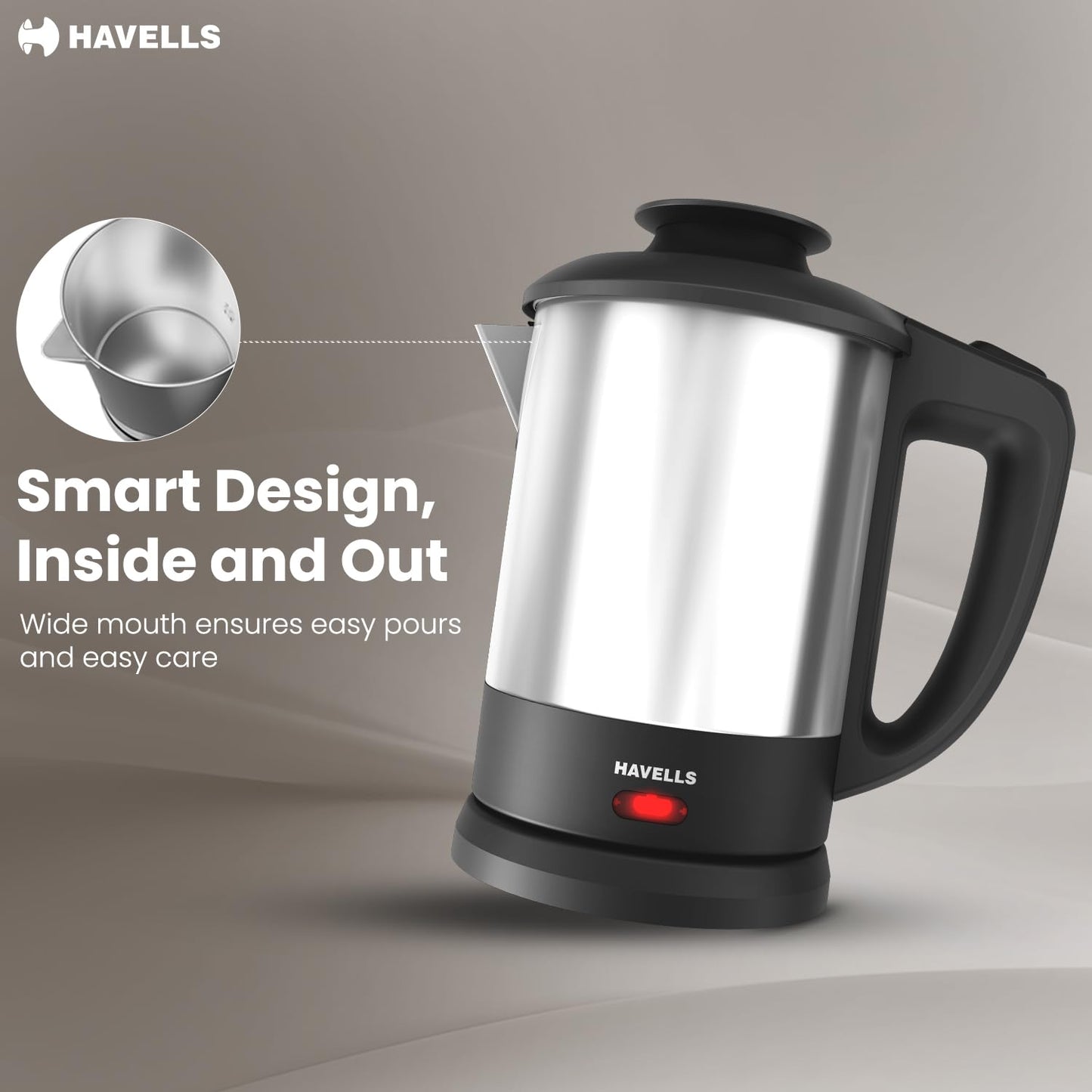 Havells Steelio Electric Kettle | 1250 W | 1 L Capacity | Rust Resistant 304 Stainless Steel Tank |
